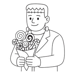 Frankenstein bouquet candy lollipop cartoon happy monster outline illustration Halloween