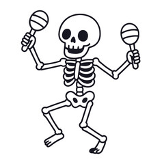 Dancing skeleton maraca cartoon black and white festive joyful outline fun