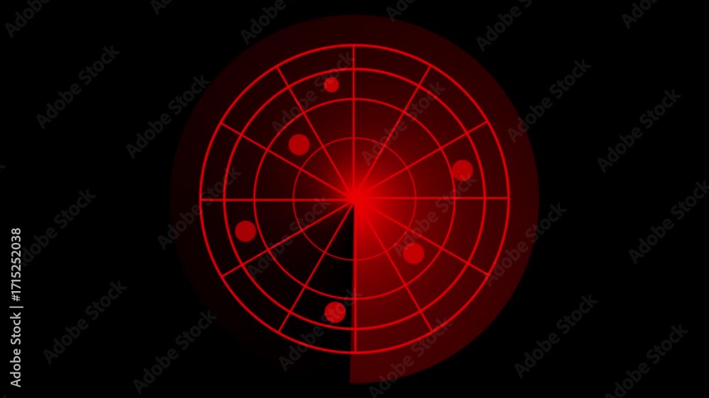 Poster red radar screen with multiple targets detected on black background