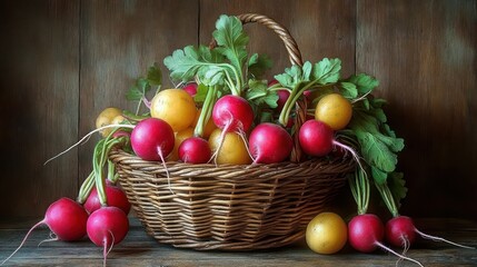 Wicker basket filled with fresh red and yellow radishes with green leaves on rustic wooden surface and background