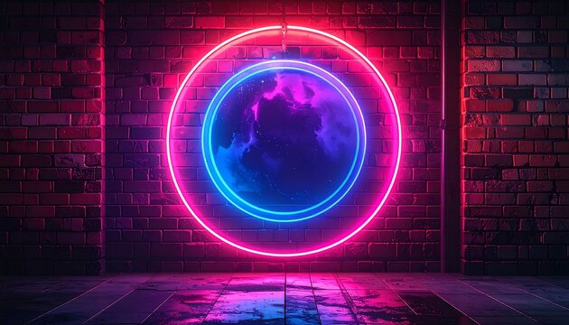 Neon circles framing a vibrant earth in a brick-walled urban setting