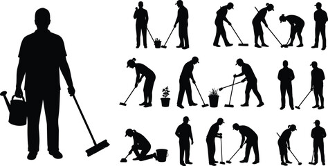 Silhouettes of Workers Sweeping, Cleaning, and Gardening Outdoors, Maintenance Crew with Tools and Plants, Vector Set for Landscaping Illustration © Creatives Sakib