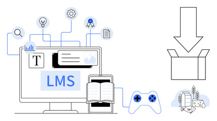Desktop with LMS interface, book, game controller, icons for analytics, certificate, and download. Ideal for education, e-learning, training technology gamification content creation digital