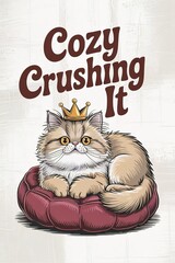 Regal Persian Cat with Crown, Cozy Crushing It, Resting on Pillo
