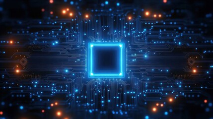 Glowing blue microchip with illuminated circuit pathways and scattered orange and blue light points conveying high-tech electronic connectivity