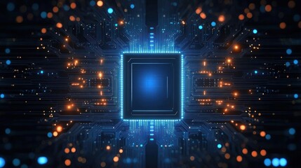 Glowing central microchip on a dark circuit board with blue and orange lights symbolizing high-tech digital connectivity and advanced technology