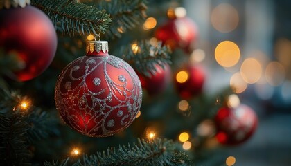 Close-up of red Christmas bauble with glittery silver swirls hanging on green fir tree surrounded by warm glowing lights and blurred festive ornaments in background
