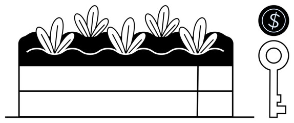 Plants sprouting from soil layers with a key and dollar icon. Ideal for growth, success, opportunity, financial planning, environmental ideas, investments, and sustainability. Simple flat metaphor
