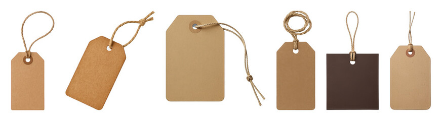 Kraft paper tags set including various shapes, twine strings, and brown card isolated. Retail, gift, and branding collection.