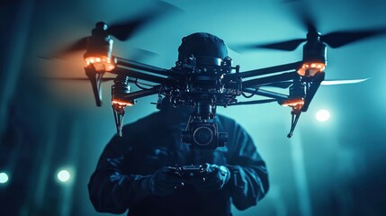 Close-up view of a professional drone with illuminated rotors flying indoors controlled by a person wearing dark clothing in a dimly lit environment