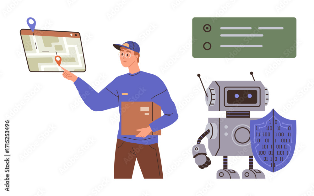 Poster courier holding a box checks a maps route on a digital device. robot with shield suggests cybersecur