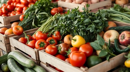 Fresh Produce Display at a Farmers Market, Showcasing a Variety of Fruits and Vegetables