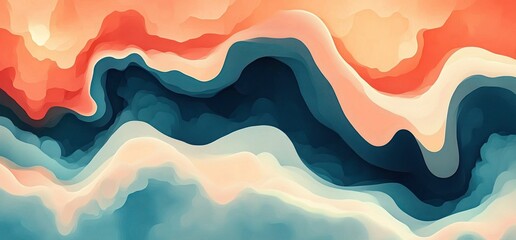 Abstract fluid waves in layered shades of coral, navy blue, cream, and teal creating a smooth flowing landscape with a calming and dynamic feel
