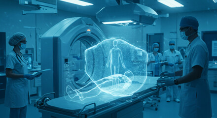 Medical professionals examine holographic patient data in an operating room during a scan