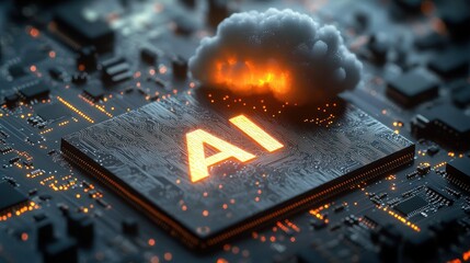 Close-up of a glowing AI microchip on a circuit board with a small cloud emitting sparks and light, symbolizing artificial intelligence processing