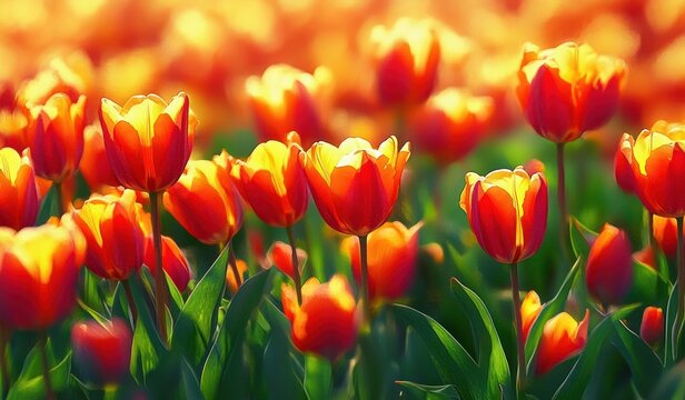 Vibrant field of glowing orange tulips bathed in warm sunlight with lush green leaves creating a lively and cheerful spring atmosphere - Powered by Adobe