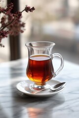 Clear glass cup filled with amber tea on a white saucer with a silver spoon, soft natural light, and delicate blurred flowers in background