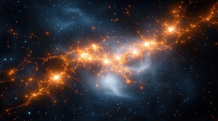 Bright glowing orange cosmic filaments connecting clusters of stars against a dark space background with faint nebula clouds