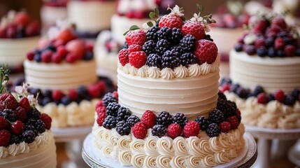Elegant white cream cake decorated with fresh blackberries, raspberries, strawberries, and small white flowers, surrounded by similar cakes in soft focus