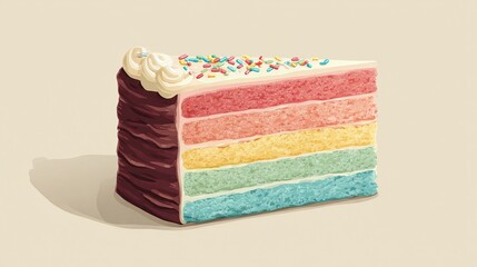 A digitally rendered image of a rainbow layer cake slice, featuring five vibrant colored layers, chocolate frosting on the sides, a swirl of white frosting on top, 