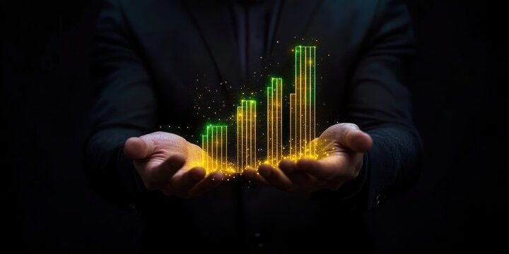 Person in dark suit holding glowing digital bar chart with green and yellow sparkles representing growth and progress in hands against black background