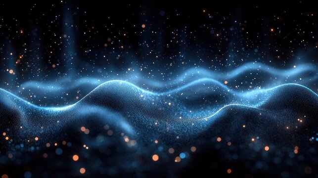Abstract digital wave with glowing blue particles and golden sparkling dots creating a flowing futuristic landscape under a dark background