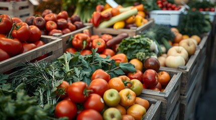 Vibrant assortment of fresh, organic vegetables and fruits beautifully displayed in wooden crates at a local farmers market