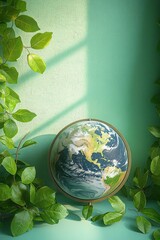 Globe depicting Earth with North and South America visible, surrounded by green leaves on a mint green background with soft sunlight and shadows creating a calm natural ambiance