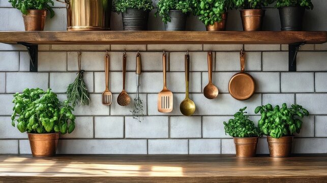 Cozy kitchen scene with copper pots and utensils hanging under a wooden shelf filled with green potted herbs against a white tiled wall - Powered by Adobe