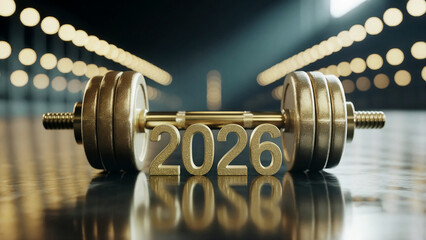 Golden Dumbbell with 2026 Numbers – Fitness Motivation, Gym Strength Training, and New Year Workout Resolution Concept
