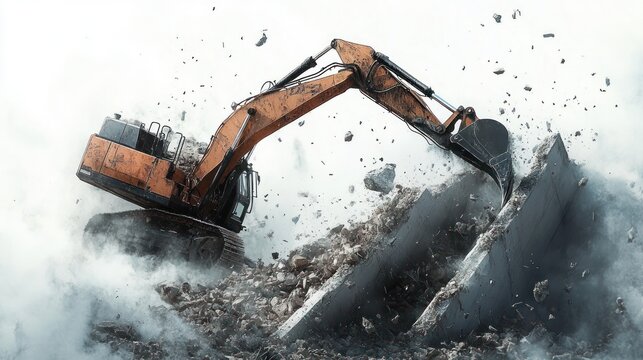 orange excavator demolishing concrete structure amidst dust and rubble with debris flying in the air
