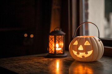 Halloween pumpkin lantern on a table with a candle in the background