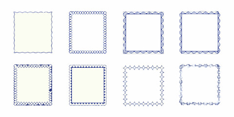 Collection of eight decorative blue and white hand drawn frames and borders with various patterns