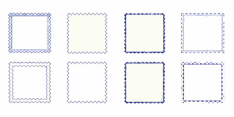 Collection of eight unique blue and white decorative borders and frames with varied edges