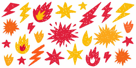 Collection of hand drawn red yellow orange fire lightning bolt and star shapes on white background