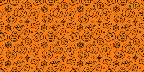 Hand drawn doodle pattern of cute halloween characters and symbols on orange background