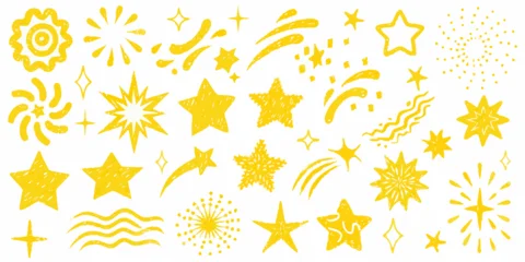 Gordijnen Trendy bloemen Collection of hand drawn yellow starbursts fireworks and celestial elements on white background  © Kopil