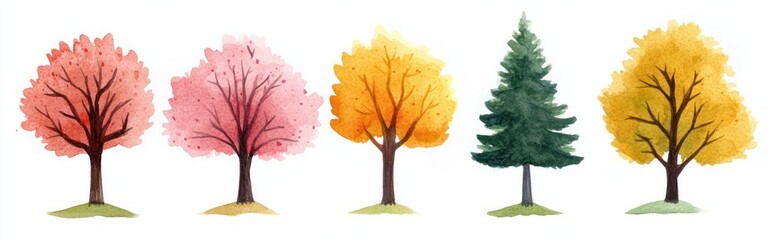 Fototapeta premium Five watercolor painted trees with autumn and evergreen foliage standing calmly on grassy patches against a white background
