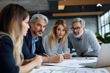 Four diverse professionals collaborating and discussing work together around a table with papers and a laptop in a modern office environment