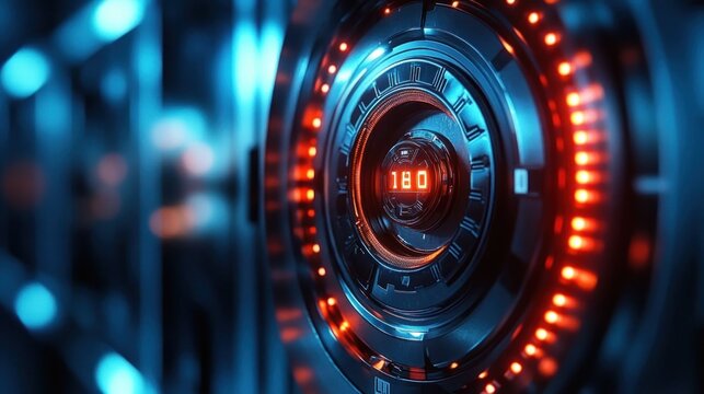 Close-up of a futuristic metallic circular device with glowing red and blue lights and digital numeric display reading 180, conveying high-tech and precision