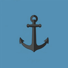 Simple flat design icon of a dark grey nautical anchor for stability and safety, isolated on a blue background