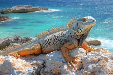 Large iguana basking on sunlit rocky shore with turquoise ocean waves in background, showcasing intricate scales and spiky crest
