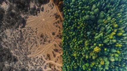 Aerial view of contrasting landscapes barren desert and lush forest