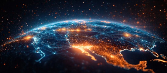 Glowing illuminated network connections overlaying a digital map of North America showing vibrant city lights and technological communication lines under a starry sky