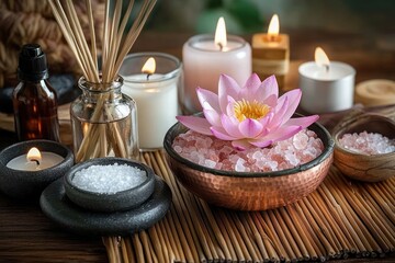 Relaxing spa setup with pink flower on bowl of bath salts, burning candles, essential oil bottle, and reed diffuser on bamboo mat