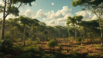 Lush tropical forest scene at dawn. Sunlight streams through canopy