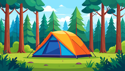 A colorful tent sits in a forest clearing surrounded by tall trees on a sunny day.