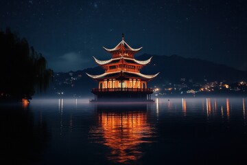 Obraz premium Illuminated traditional pagoda temple glowing warmly on calm water at night with soft mist and starry sky