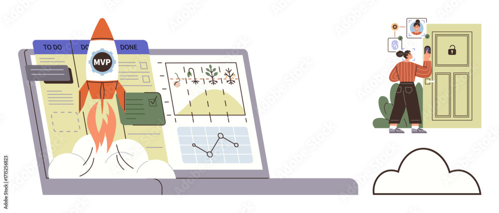 Aufkleber rocket launching from a laptops productivity dashboard, paired with a worker accessing secure door w