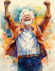 Fototapeta premium Joyful elderly man with white hair and beard raising fists in celebration wearing an orange jacket and blue jeans against a colorful abstract background